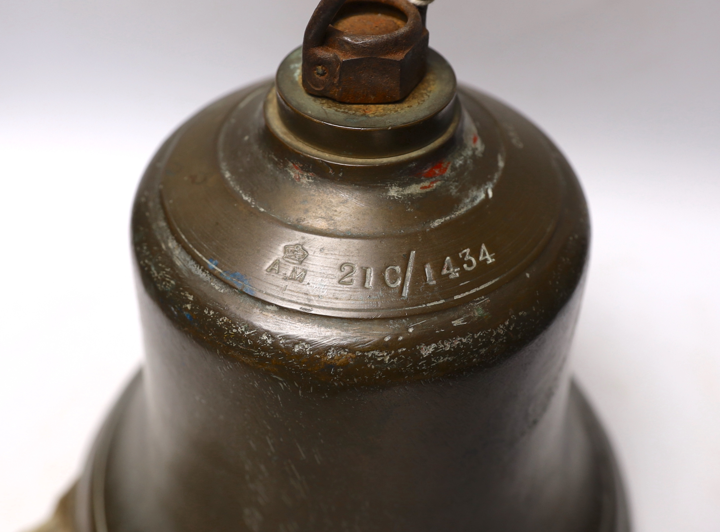 A WWII Air Ministry bronze scramble bell, stamped with crowned AM, 21C/1434, diameter 27cm